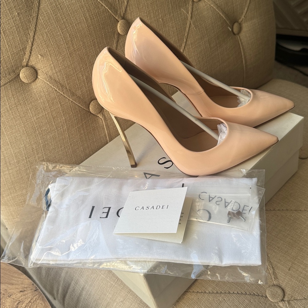 Casadei  Blade Nude Heels with Gold Accents